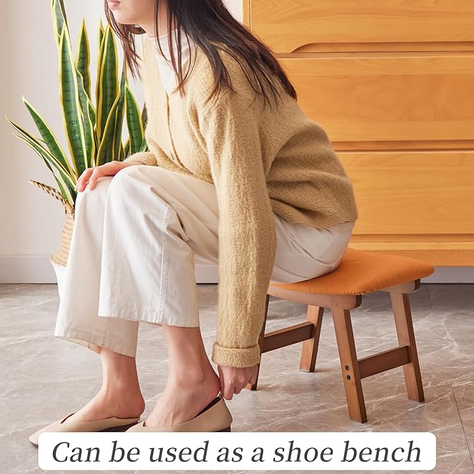 Foot Stool,Ottoman,Bamboo Small Sofa Foot Rest Under Desk,Extra Seating for Living Room, Bedroom and Kitchen(Brown Stool Legs - Orange Surface)