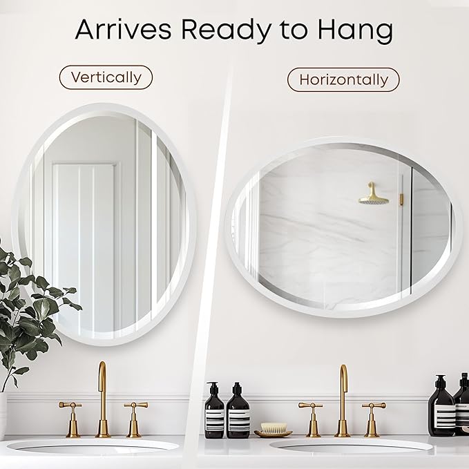 OVALCREST - Oval Wooden Beveled Wall Mirror for Home Decor, Bathroom, Vanity, Bedroom, Living Room, Hallway - London Style (Linen White) 25.1 x 31.1
