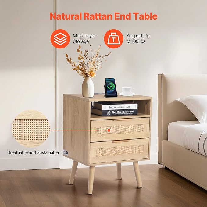 VEVOR Rattan Nightstand, Boho Bedside Table with Open Shelf 2 Drawers, End Table Nightstand with Solid Wood Legs, Rattan Bedside Table with Charging Station, for Bedroom
