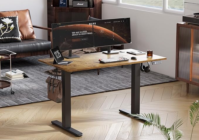 Seang Electric Standing Desk Adjustable Height, 48 x 24 Inch Sit Stand Desk with T-Shaped Frame, 3 Memory Presets & Cable Management for Home Office Computer Workstation, Black Frame/Rustic Brown Top