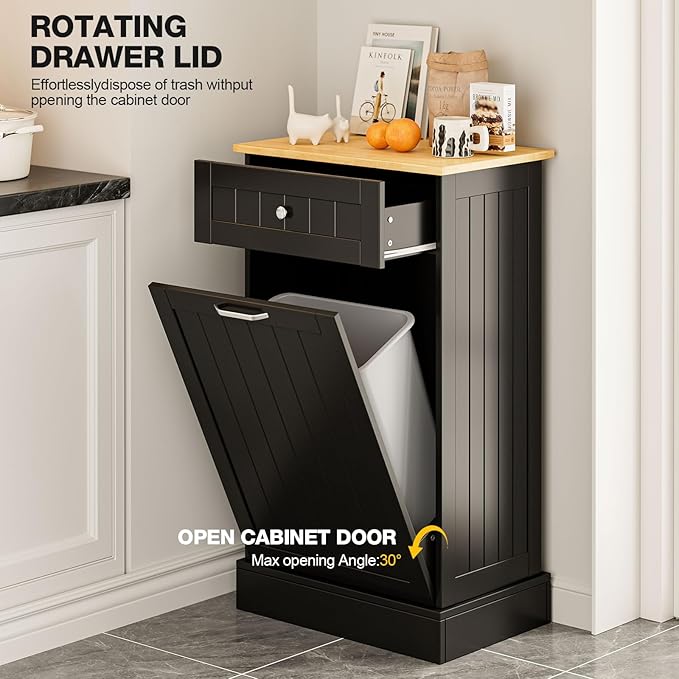 GAZHOME 10 Gallon Tilt Out Trash Cabinet, Upgrade Wooden Free Standing Recyclin Trash Cabinet with Hideaway Drawer(Black)