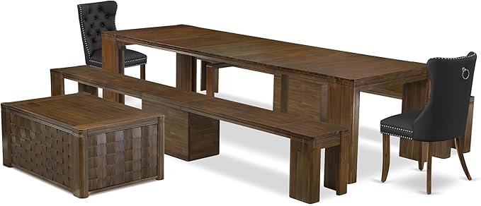 X02DA-2C8-12 6-Pc Dining Set Includes an Extendable Rectangle Kitchen Table, 1 Coffee Table, 2 Polyester Dining Chairs and 2 Modern Benches, 39x120 Inch, Antique Walnut