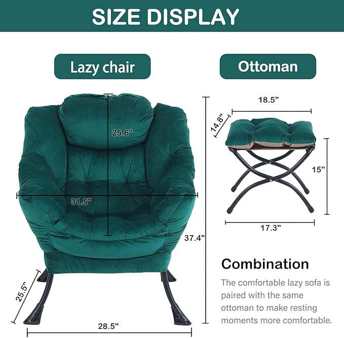 LITA Lazy Chair With Ottoman, Modern Accent Leisure Upholstered Sofa, Contemporary Lounge Reading With Armrests and Side Pocket for Living Room, Bedroom & Small Space, Dark Green