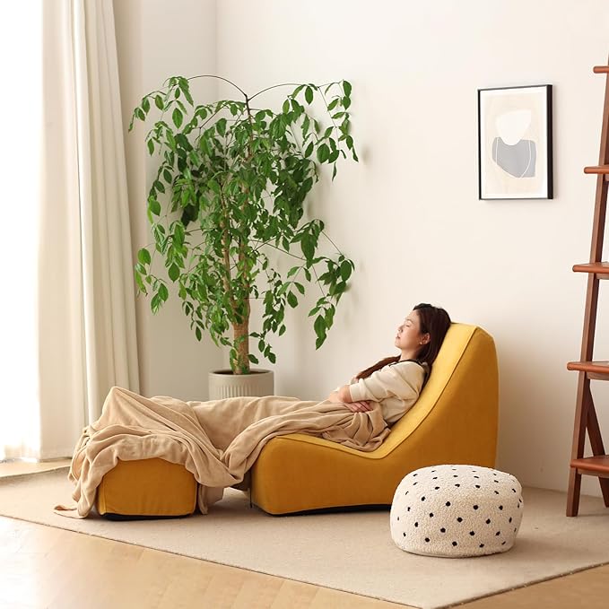 N&V Bean Bag Chair Single Seated Foam Sofa Armless Floor Sofa with High Density Foam Removable and Machine Washable Cover (Burnt Yellow, Large, No Stripes)