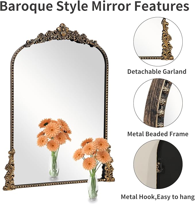 Vintage Arched Mirror, 24"x 36"Antique Baroque Mirror Style Metal Beaded Frame for Entryway Hallway Living Room,Vintage Black