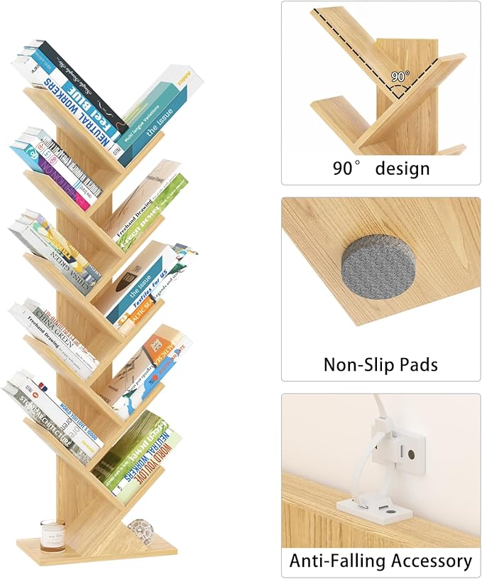 10 Tier Tree Book Shelf, Floor Standing Wood Bookshelf for Narrow Space, Storage Organizer Bookshelves for Books/CDs/Magazine, Bookcase with Shelves for Home Office, Living Room - Natural