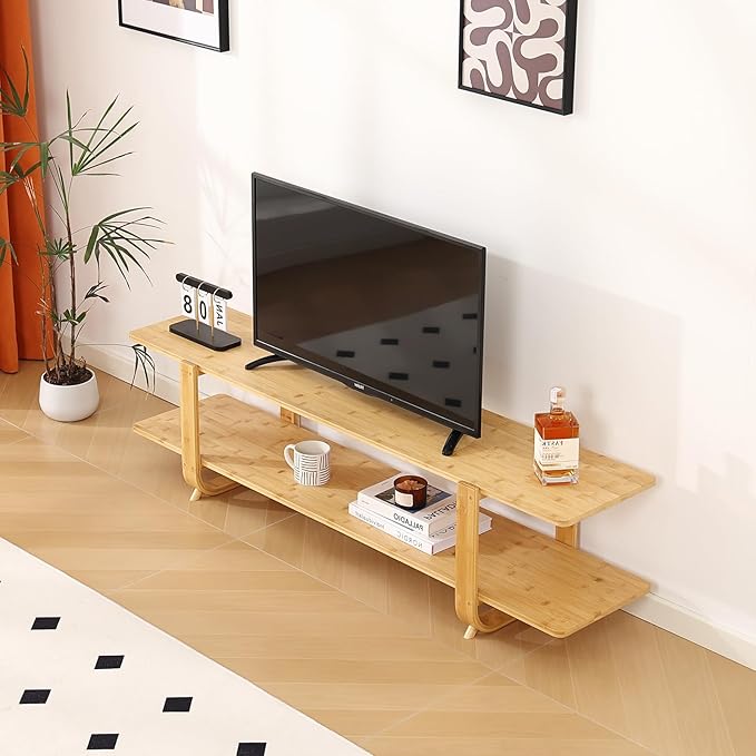 Tiita Bamboo TV Stand for 55 Inch TV, Entertainment Center with 2 Open Shelf, Mid Century Modern Media Console for Living Room, Bedroom, Wood