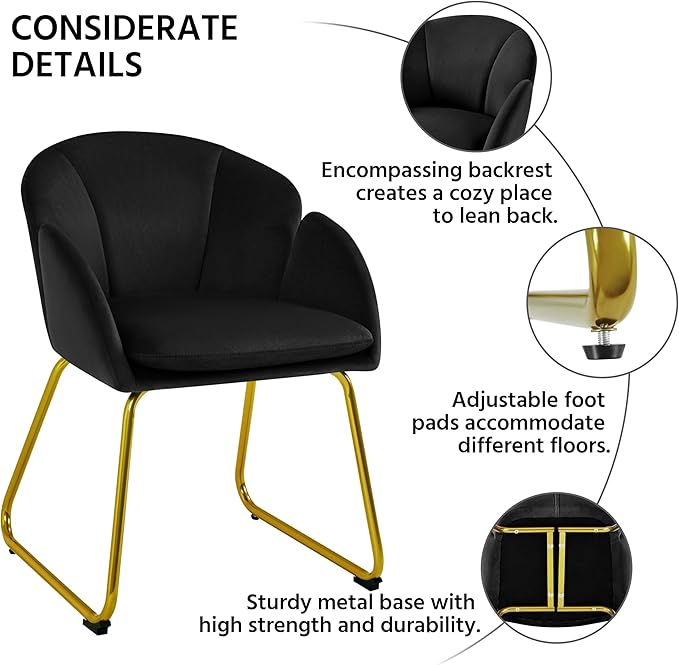Yaheetech Modern Velvet Armchair, Flower Shaped Makeup Chair Vanity Chair with Golden Metal Legs for Living Room/Makeup Room/Bedroom/Home Office/Kitchen, Black