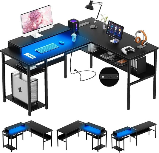 Unikito Reversible L Shaped Desk with Magic Power Outlets and Smart LED Light, Sturdy Corner Computer Desk with Monitor Stand & Storage Shelves, Gaming Table Home Office Desk, Easy Assembly, Black