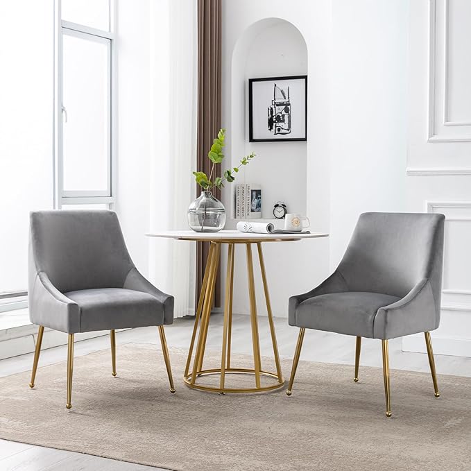 Modern Velvet Dining Chairs Set of 2, Contemporary Upholstered Furniture Collection with Polished Gold Metal Legs, Elegant Accent Chairs for Kitchen Living Room(Grey)