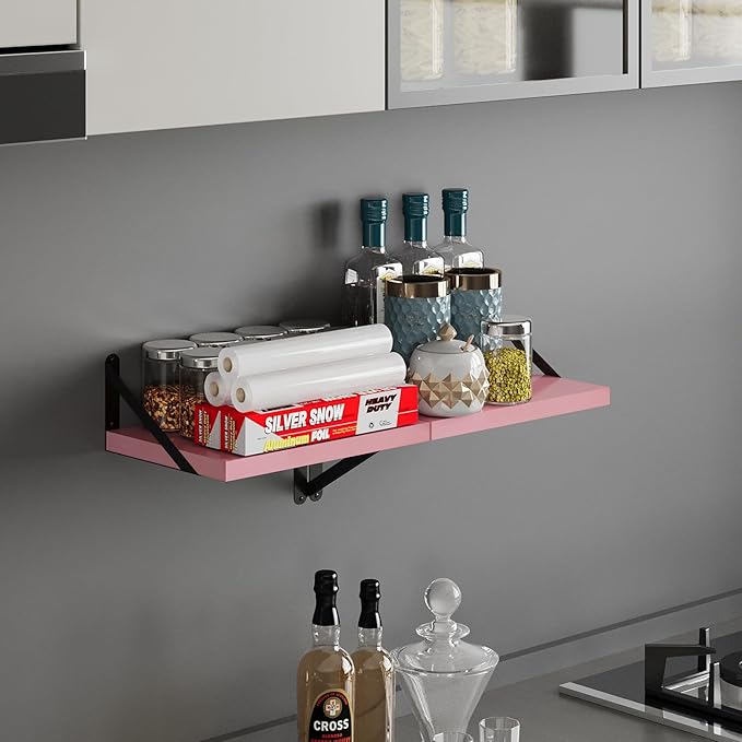 SAUMONIERES Floating Shelves Bookshelf for Bedroom Bathroom Living Room Wood Wall Mounted Wide Deep Storage, Pink Painted Set of 2