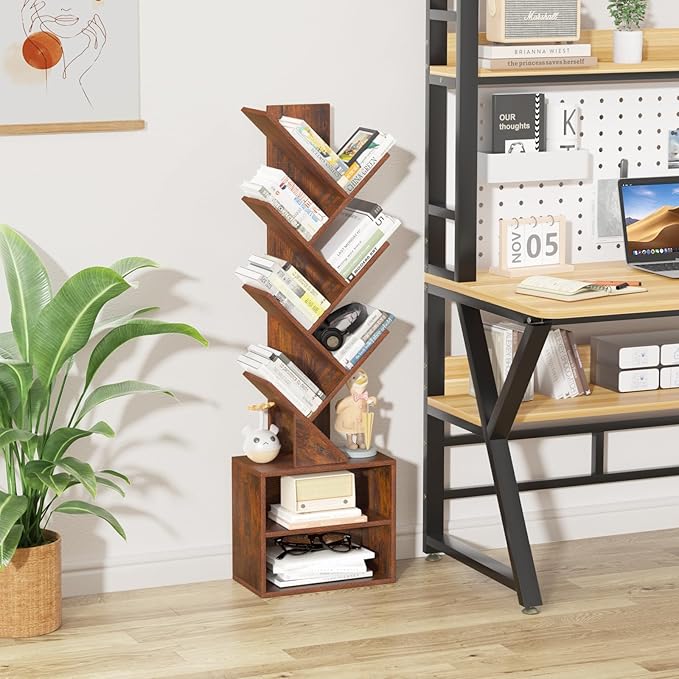 10 Tier Tree Bookshelf,Floor Standing Wood Tall Bookcase for Narrow Space, Storage Organizer Bookshelves for Books, Book Case for CDs/Movies/Books,Home Office,Living Room, Bedroom