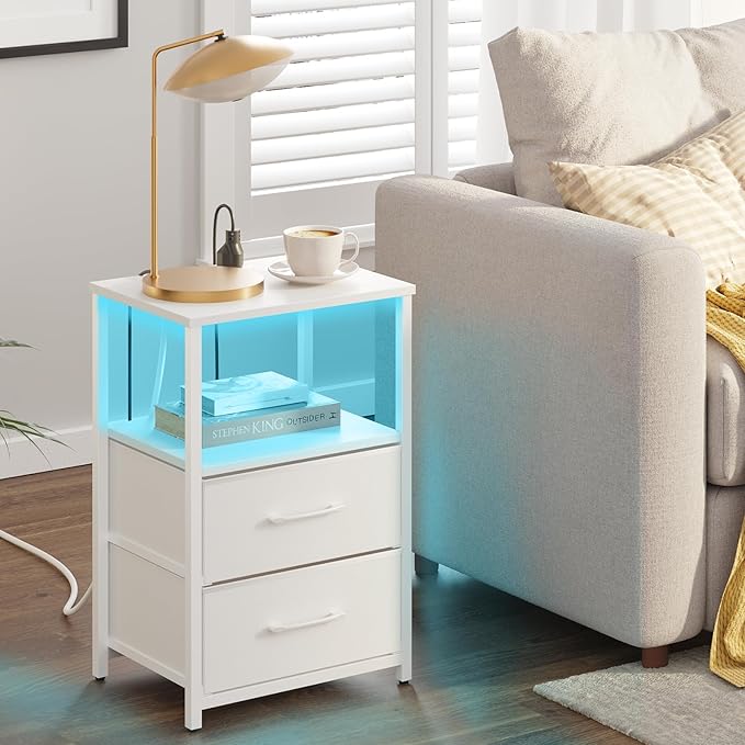 TUTOTAK LED End Table with Charging Station, Nightstand with Cloth Drawer, Side Table with 1 USB Port and 1 Type-C Port, Set of 2, Couch Table, White TB01BW052L