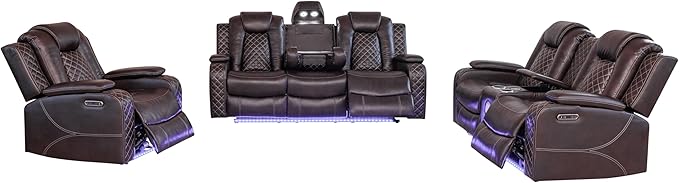 Ball & Cast Power Recliner Sofa Set Leather Reclining Sofa Set Living Room Furniture Set 3PCS Recliner Couch Loveseat & Chair Sets with Coffee Table,Reading Light,Cup Holders for Home Theater Seating