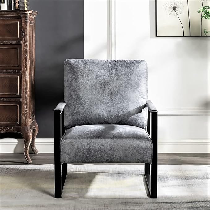 Container Furniture Classic Mid Century Modern Accent Chair with Durable Square Metal Frame, Armchair for Living Room, Bedroom, Home Office in Spotted Microfiber Upholstery, Grey