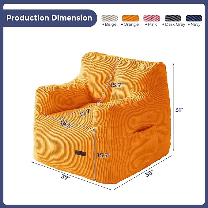 MAXYOYO Bean Bag Chair, Tufted Bean Bag Couch Lazy Chair, Living Room Sofa Couch with Filler for Adult Teens Kids, Corded Fabric Accent Sofa for Bedroom Dorm, Orange
