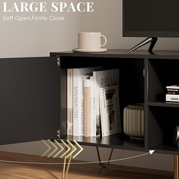 TV Stand for 55-65 inch TV, Entertainment Center with Soft Hinge Door,TV Console Table with 2 Cabinets with Gold Handle and Feet,for Living Room, Bedroom, Black