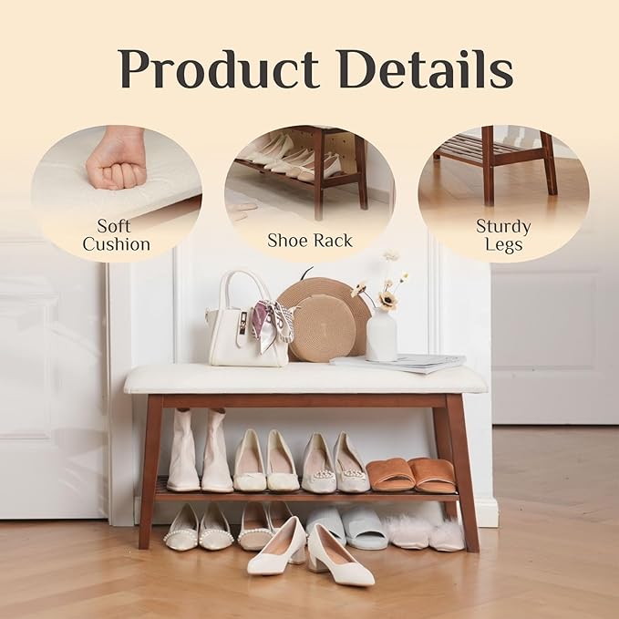 Entryway Shoe Bench, 35.4" Bamboo Bench for Bedroom End of Bed, 2-Tier Shoe Rack with Cushion Padded Seat, Shoe Organizer Stable for Entry Hallway Living Room Bedroom, 35.4"W x11.2"D x 17.7"H