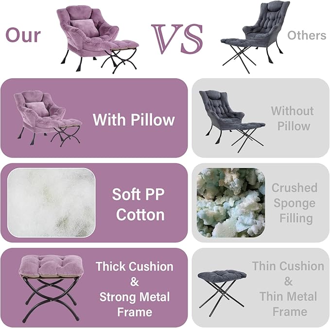 Lazy Chair with Ottoman, Comfy Reading Lounge Chair with Footstool & Throw Pillow Modern with Armrests & Side Pocket for Living Room, Bedroom, Dorm Room, Plush Purple