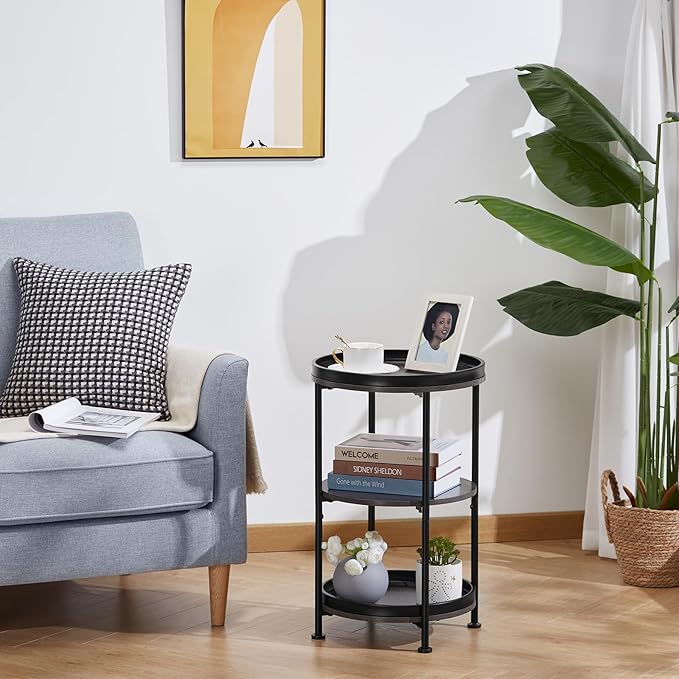 Dulcii Side Table, Round End Table with 3 Shelves for Living Room, Bedroom, Nightstand with Steel Frame for Small Spaces, Industrial Round Sofa Table, Outdoor Accent Coffee Table, Grey