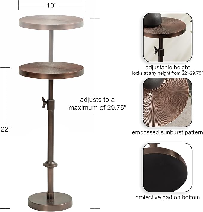 Kate and Laurel Engles Traditional Adjustable-Height Pedestal Drink Table; 10 x 10 x 30; Bronze; Vintage Round Indoor Metal Plant Stand with Embossed Sunburst Pattern