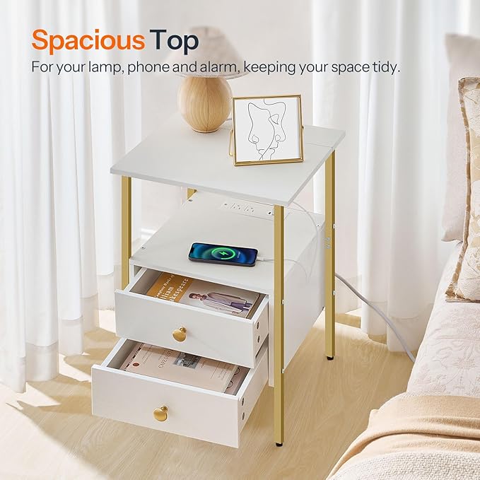 HOOBRO End Table with Charging Station, Bedside Table with 2 Drawer & USB Port & Type-C Port, Nightstand for Small Spaces, Stable and Sturdy, for Living Room, White and Gold DW43UBZ01