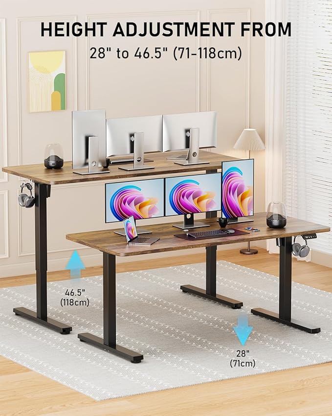 Standing Desk, Large Height Adjustable Electric Stand up Desk, 55 x 24 Inches Sit Stand Home Office Desk, with Splice Board, Black Frame/Rustic Brown Top