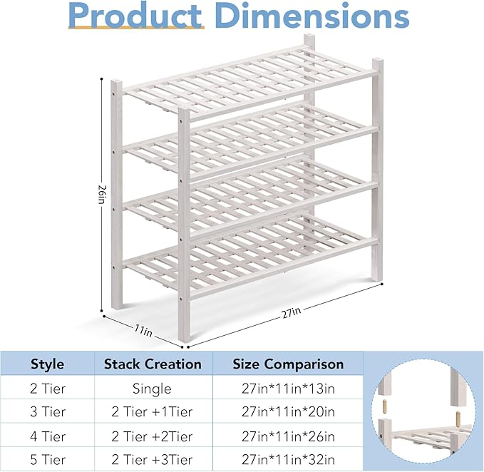 Haddockway 4 Tier Bamboo Shoe Rack Storage Organizer, Multifunctional Free Standing Stackable Shoe Shelf with Grid Panel for Closet,Hallway,Entryway,Small Space 27"x11"x26" (White, 4 Tier)