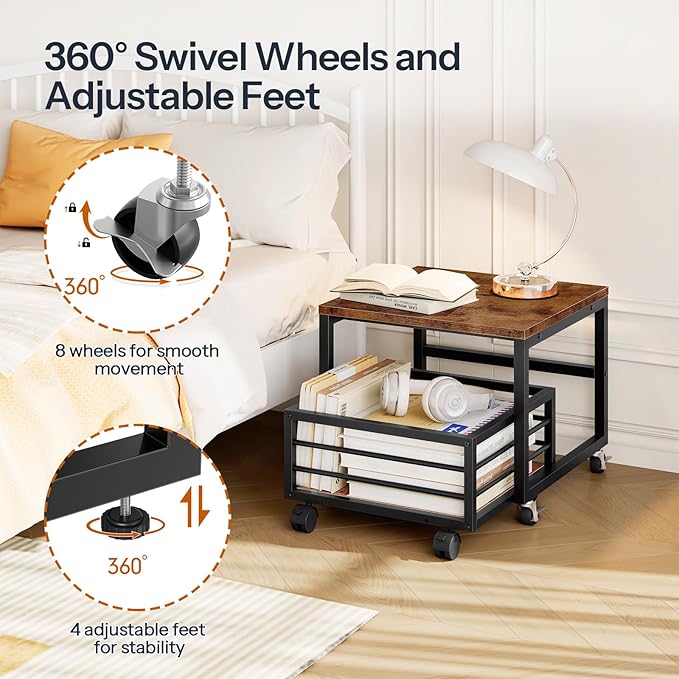HOOBRO Mini Fridge Stand with Movable Storage Basket, Mini Fridge Cabinet with Wheels and Adjustable Feet, Sturdy Metal Frame, for Home, Apartment,Office, Dorm, Rustic Brown and Black BF155TL01