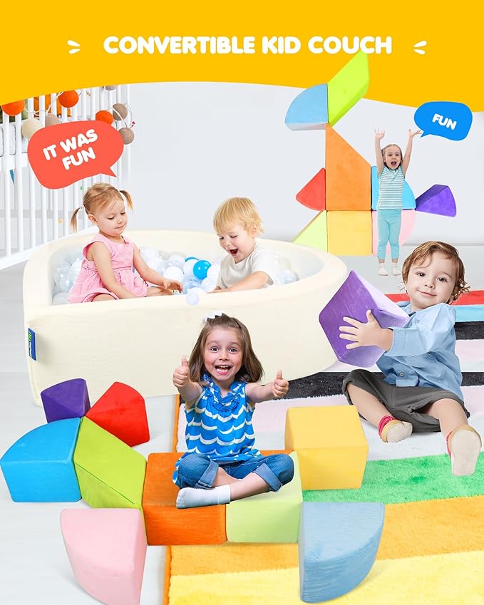 Kids Play Couch, 2-in-1 Heart-Shape Kids Plays Sofa with Unique Ball Pit(no Balls Included), Tangram Puzzle Play Couch for Playroom, Modular Play Sofa for Inspiring Creativity, Rainbow