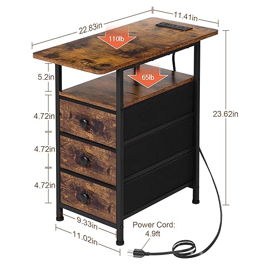 AMHANCIBLE Narrow End Table Living Room with Charging Station, Slim LED Nightstand with Fabric Drawers, Skinny Side Table for Bedroom, Small Spaces, Couch, Rustic Brown, HETN013LBR-1
