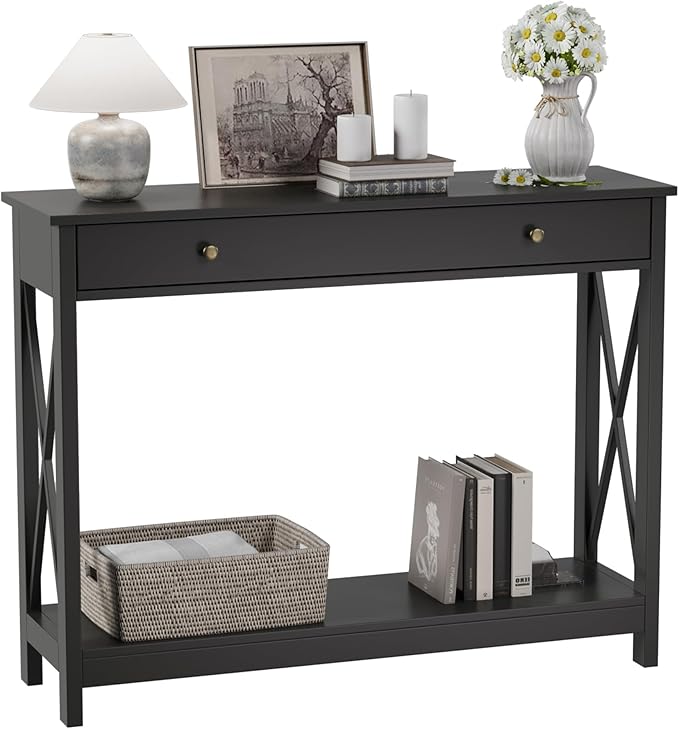 Treocho Black Console Table with Drawer and Storage Shelves, Foyer Sofa Table Narrow for Entryway, Living Room, Hallway