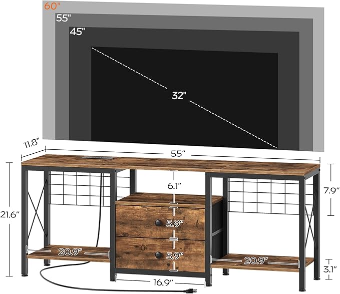 TV Stand with Power Outlet Up to 60 Inch, Entertainment Center with 2 Fabric Drawers, TV Console Table with Open Storage Shelves for TVs, Cable Management, for Living Room, Bedroom, DS14UBRY1