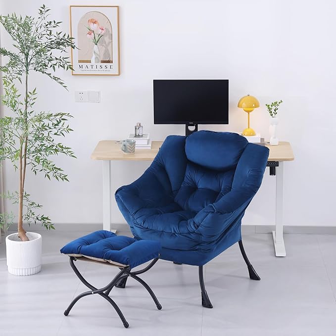 Lazy Chair with Ottoman, Modern Accent Chair Lounge Leisure Sofa Chair with Armrests, Reading Chair and Folding Footstool for Living Room, Bedroom, Office, Royal Blue