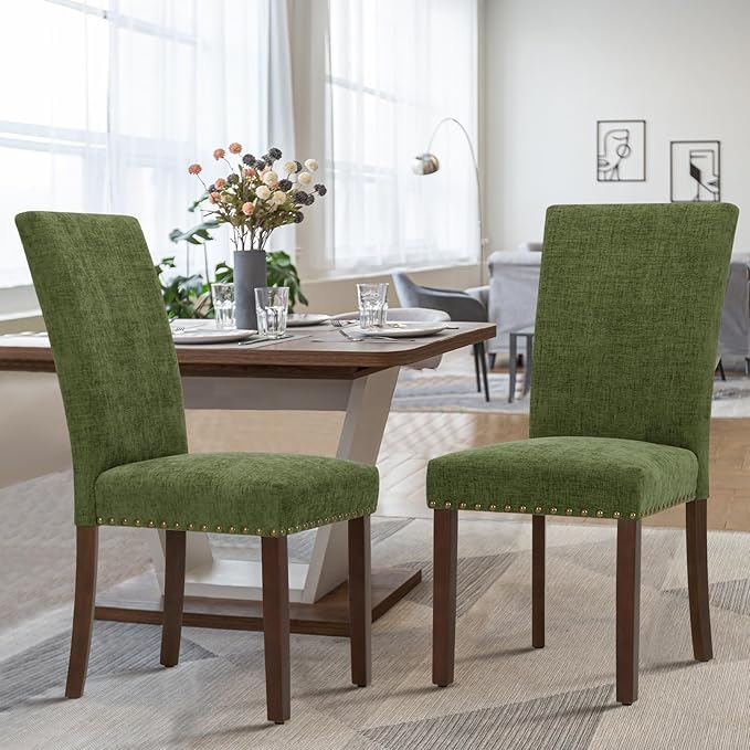 COLAMY Upholstered Parsons Dining Chairs Set of 6, Fabric Dining Room Kitchen Side Chair with Nailhead Trim and Wood Legs - Green