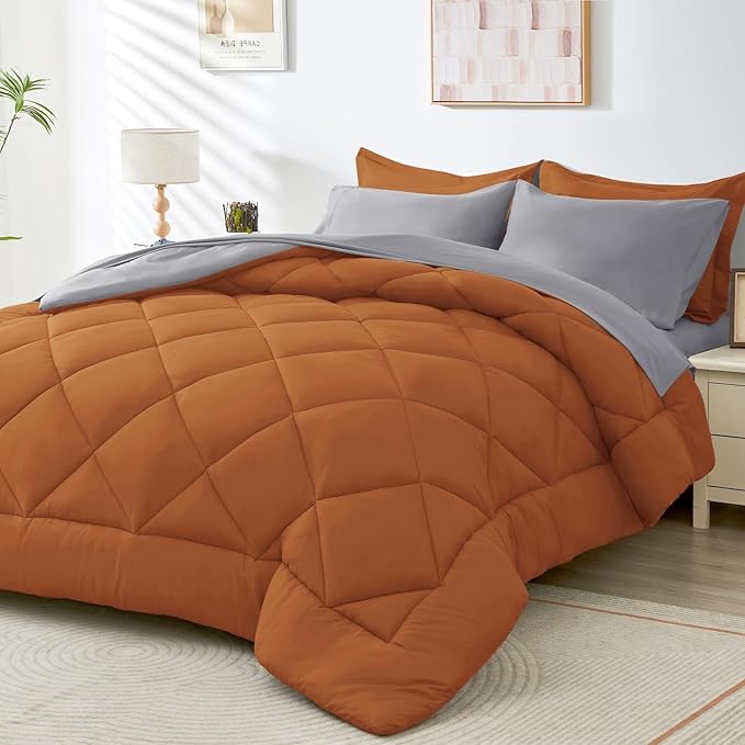 HEVUMYI Cali-King Comforter Set - 7-Piece All Season Bed in a Bag Cali-King, Ultra Soft Bedding Set with Comforter, Flat Sheet, Fitted Sheet, Pillowcases, Pillow Shams, Orange & Light Grey
