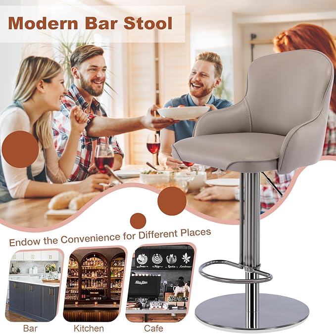 CozyRain Bar Stools Adjustable Stainless Steel Swivel Barstool with Back and Footrest,Modern Leather Upholstered Bar Chairs for Home,Kitchen,Bar, Counter Orange/Grey (2pcs Grey)
