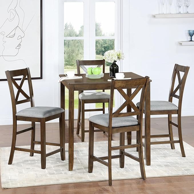 KEIKI 5-Piece Counter Height Dining Table Set with Square Table and 4 Upholstered X-Shaped Backrset Chair, for 4 Person, Modern Style Wooden Table Set, Easy Assembly, for Kitchen, Dining Room, Walnut