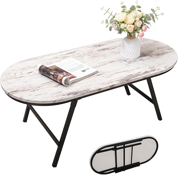 Folding Small Coffee Table Wood Low Coffee Tables with Metal Legs Portable Oval Center Table Rustic Farmhouse Furniture for Living Room Small Spaces Apartment