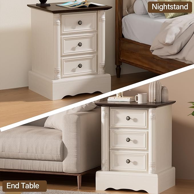 Nightstand with 3 Drawers, Rustic Night Stand 18' Wide Side Table with Storage, Mid-Century Modern Couch End Table with Vintage Handles, Small Dresser for Bedroom, Living Room, Antique White