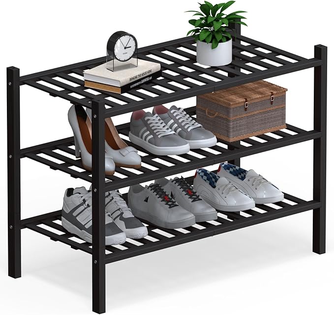 Haddockway Large 3 Tier Bamboo Shoe Rack Storage Organizer, Multifunctional Free Standing Stackable Shoe Shelf with Grid Panel for Closet,Hallway,Entryway,Small Space 27"x12"x21"(Black, 3-Tier(Large))