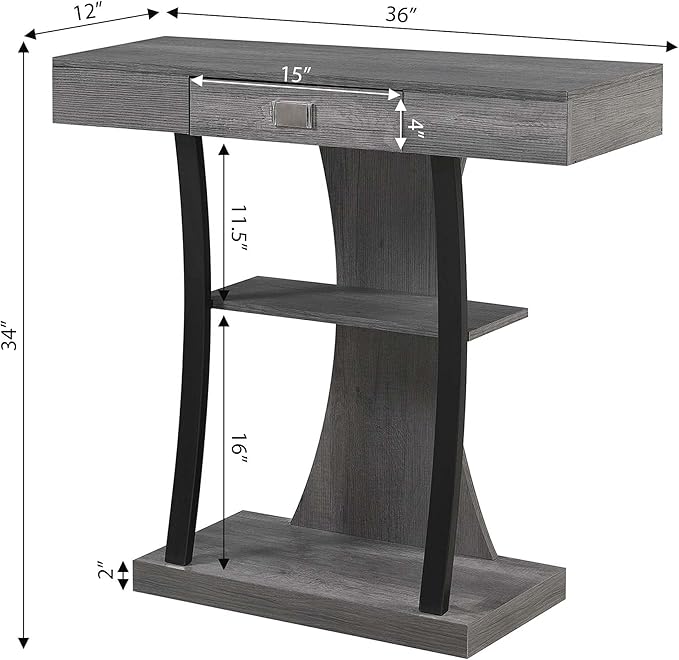 Convenience Concepts Newport Harri Console Table 36" - Modern Sofa Table with Storage Shelves, One Drawer Narrow Entryway Hall Table for Living Room, Charcoal Gray