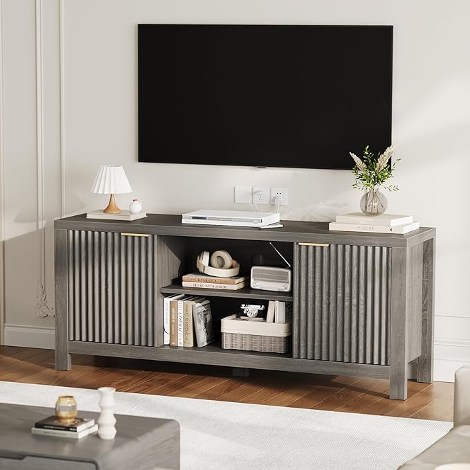59" TV Stand for TVs Up to 65 Inches, Mid Century Modern TV Entertainment Center with Storage Cabinets & Open Shelves, Wood TV Cabinet for Living Room, Gray Oak