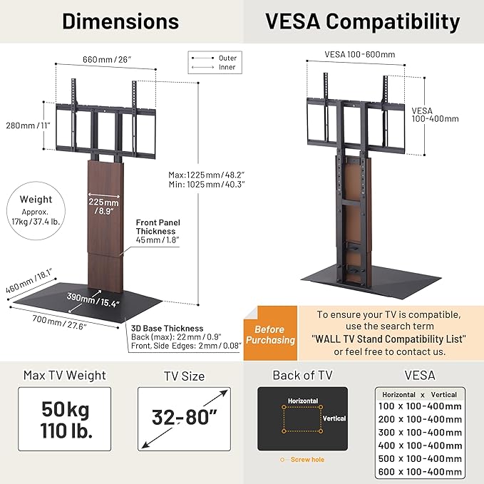 WALL V3 Low Type | Sleek Japanese 32-80 Inch Universal Side TV Stand Adjustable Mount, No Drill | White Oak
