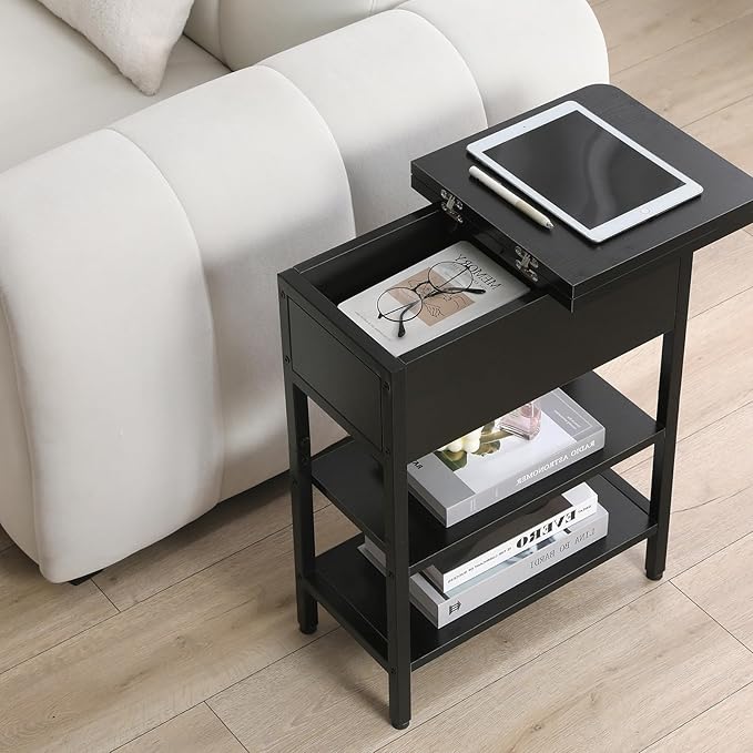 Modern End Table with Charging Station, Narrow Side Table with USB Ports & Outlets, Flip-Top Nightstand with Storage Shelf, Small Bedside Table for Living Room, Bedroom, Small Space, Black