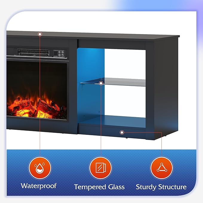 WLIVE 58 Inches Fireplace TV Stand with LED Lights, Modern Entertainment Center with 18'' Electric Fireplace & Adjustable Glass Shelves, Sturdy Media Console for Living Room, Bedroom,Gaming (Black)