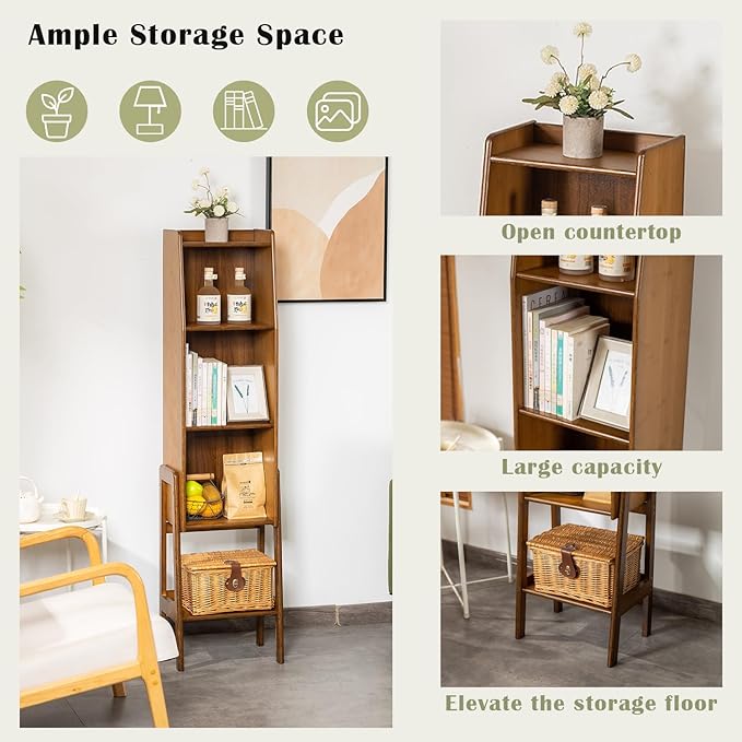 4 Tier Bamboo Bookcase, Classical Modern Bookshelf, Dispaly Shelves, Bamboo Wood Organizer Book Shelf for Living Room Home Office-Walnut, Large
