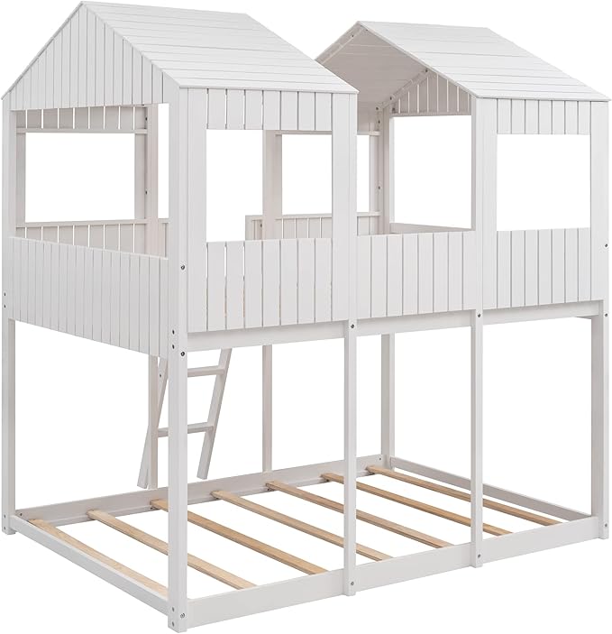 Ball & Cast Full Over Full Size Playhouse Bunk Bed with Roof and Window,Wood Bunkbed w/Full-Length Guard Rail & Ladder,Slat Support,Space Saving,Bedroom Furniture for Student Dorms,White