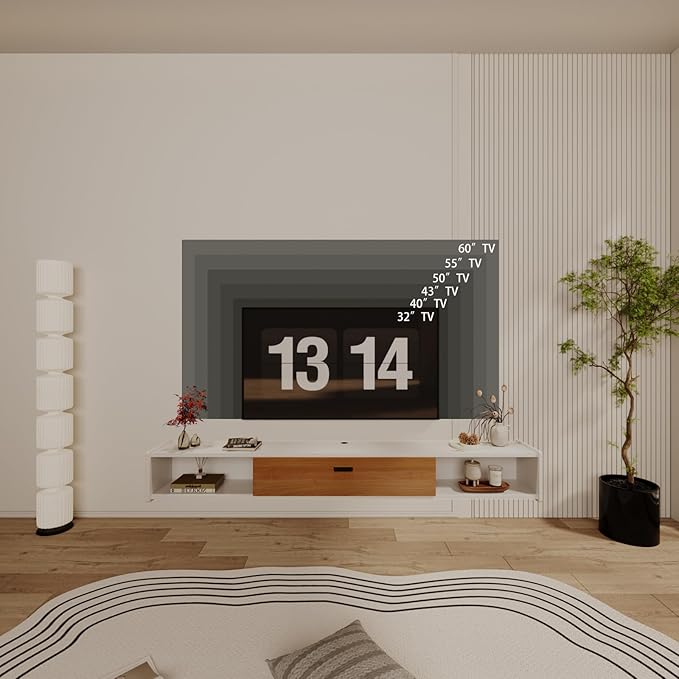 55'' Floating TV Stand,Wall Mounted TV Console,Floating TV Cabinet,Under TV Shelf for Bedroom Living Room(White)