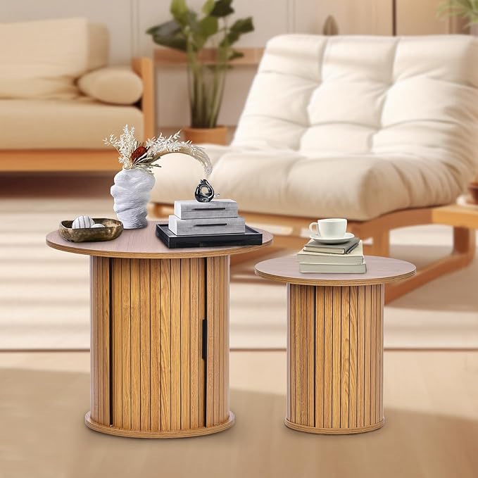 Modern Walnut End Table with Storage - Fluted Design Living Room Accent Table, Tall Bedside Nightstand & Sofa Side Table for Small Spaces, Dark Wood Finish (15.7” Wide, Natural)